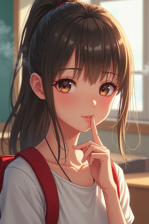 ((best quality)), ((masterpiece)), (detailed), {{loli}},{{{{172cm}}}},{{{{{tall girl}}}}},{{{{{very long legs}}}}},{{{{{short body}}}}}, anime girl, cute girl,
official style,close mouth,game cg, bare arms, long hair,brown eyes,brown hair,ponytail,medium breasts, navel,backpack,red randoseru,classroom,denim shorts,upper body,finger to mouth,best quality, amazing quality, very aesthetic, absurdres,dynamic pose,wind,Dutch angle,light on face,watercolor,{{{real CG photography texture}}},oily skin,real body,realistic skin texture,detailed background,depth of field,[[laughing eyes],[[Dutch angle]],looking at viewer,jitome,[[upper body]],winter,lens flare,steam,bokeh, best quality, amazing quality, very aesthetic, absurdres, best quality, amazing quality, very aesthetic, absurdres, best quality, amazing quality, very aesthetic, absurdres