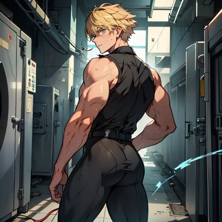 Highest quality,masterpiece Surprised expression,Raised to be sexy, Blonde Blue eyes Ripped black tights Electricity is running get wet large delicate eyes The black sleeveless collared shirt was torn 上半身naked sweating youth torture Skin is visible in places shout Putting pressure on the hips naked Hair growing upwards suffer Detailed depiction A regretful look I can see your muscular ass Rear view I can see the back of the person behind me. With legs apart Long bangs