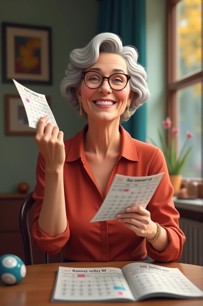 a lady holding a bingo card in her right hand and her left hand throwing the calendar, it's her birthday