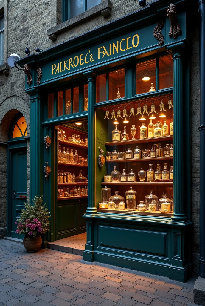 historical setting magic store inside, front view, harry potter, DIAGON ALLEY, showcase, textured, maximum detail, peltate plate, no people, Highest quality, masterpiece, magic potion, Mythological creatures