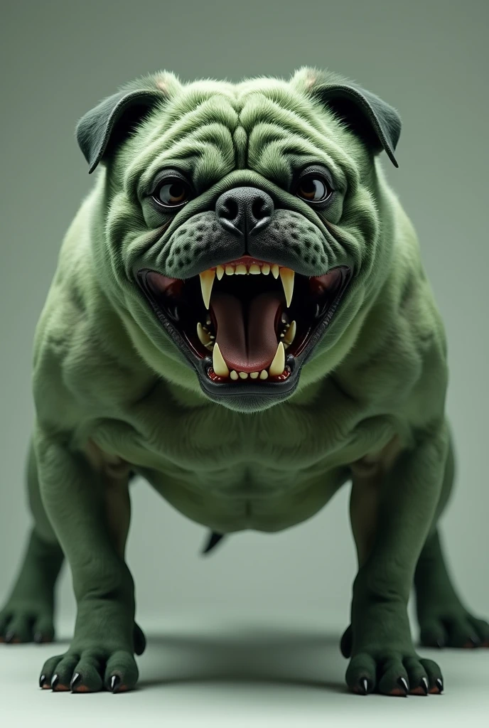 A pug mixed with an Argentine Dogo, strong and brave showing his teeth with greenish fur