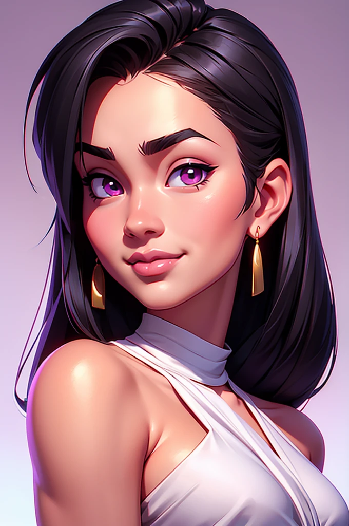 caricature with big head of a beautiful asian woman, shoulderlength black hair, wearing a shoulder off white dress, slightly smile, detailed facial face, realistic facial face, shiny skin, ultra oily skin, glossy image, dark pink gradient background, fantasy art, 3d render, caricature big head