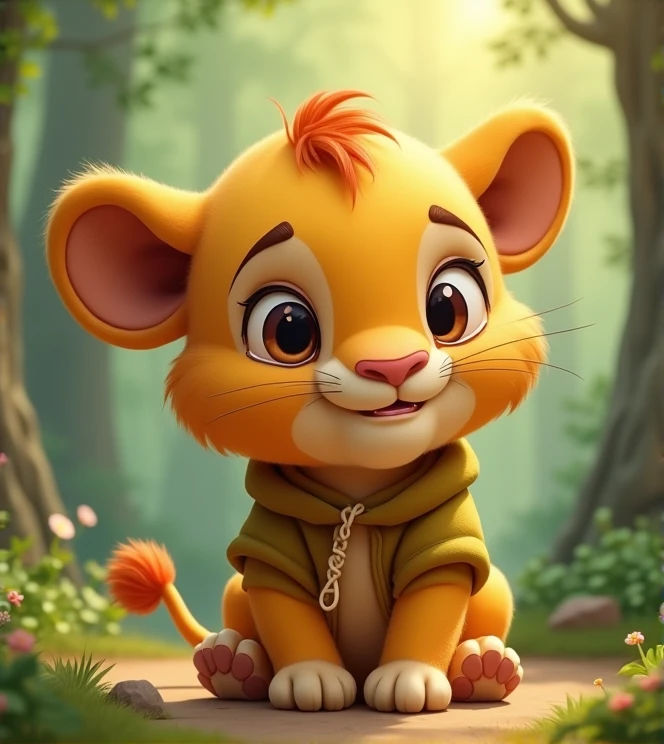Imagine a lifelike lion baby with humorous exaggerated features, oversized, wearing cute clothes, bright eyes and curiosity, smiling, positive image, smiling piglet, Disney style, capturing natural textures, and although its little claws are slightly larger, they are cuter. The background is a simple forest with an emphasis on natural colors and some greenery, creating bright, fuzzy colors