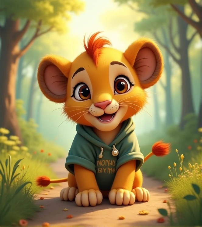 Imagine a lifelike lion baby with humorous exaggerated features, oversized, wearing cute clothes, bright eyes and curiosity, smiling, positive image, smiling piglet, Disney style, capturing natural textures, and although its little claws are slightly larger, they are cuter. The background is a simple forest with an emphasis on natural colors and some greenery, creating bright, fuzzy colors