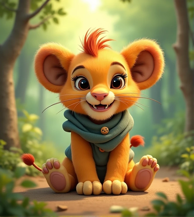 Imagine a lifelike lion baby with humorous exaggerated features, oversized, wearing cute clothes, bright eyes and curiosity, smiling, positive image, smiling piglet, Disney style, capturing natural textures, and although its little claws are slightly larger, they are cuter. The background is a simple forest with an emphasis on natural colors and some greenery, creating bright, fuzzy colors