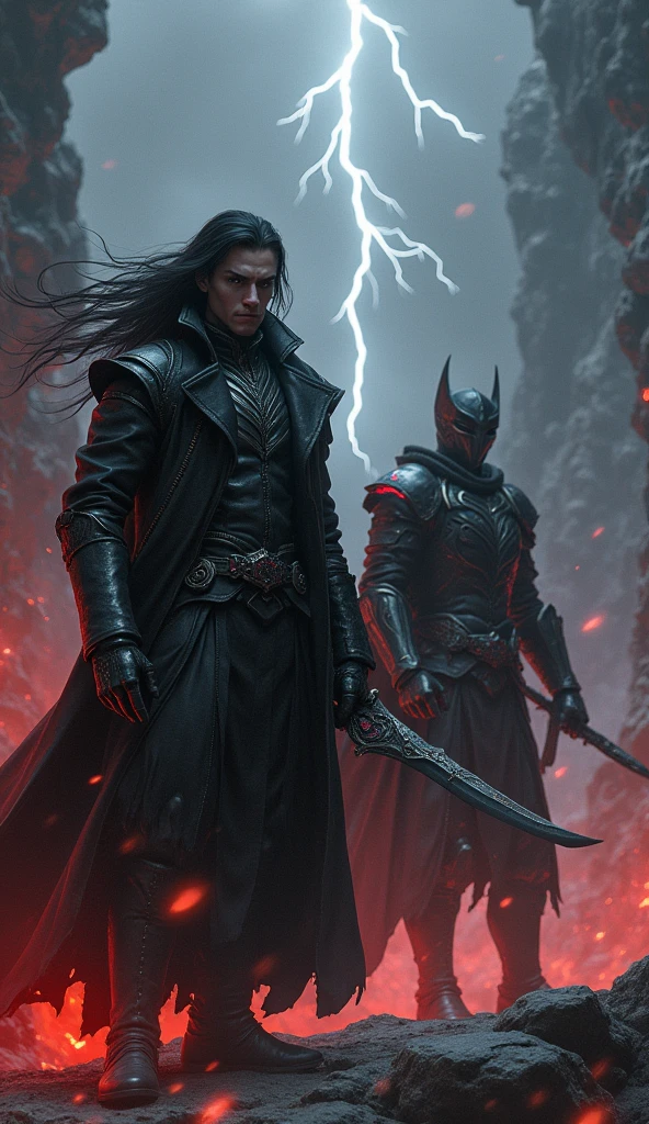 Photorealistic vertical battlefield, set in a high-fantasy world with a stormy, lightning-lit sky above and fire-lit caverns below. Hyper-detailed textures highlight every aspect of the scene.

Vortex: A dark and enigmatic warrior with long, flowing black hair that cascades down his back, reflecting the occasional flashes of lightning. He wears a sleek, black leather coat that billows dramatically in the wind, with a finely detailed white shirt visible underneath. His eyes glint with intense focus as he wields a dark sword, the blade etched with swirling, shadowy patterns that pulse with an ominous energy. Vortex's power, "Shadow Eclipse," manifests as deep, shifting shadows that envelop him, blurring the lines between his form and the surrounding darkness. As he prepares to unleash "Meteor Shower Barrage," the sky above him is filled with glowing, fiery meteors streaking down, each rock trailing smoke and leaving burning marks as they crash into the battlefield.

Varis: A formidable knight with long, black hair flowing freely in the stormy wind, matching the darkness of his Gothic black armor. The armor is intricately detailed, with each plate engraved with delicate patterns that catch the dim light, and blood-red gemstones that emit a faint, ominous glow. Without a helmet, Varis's face is fully visible, revealing his sharp features and determined expression. His gaze is focused, embodying the unyielding resolve of a seasoned warrior. Varis channels the power of "Luminous Order," a radiant yet dark force that emanates from his being, clashing with the surrounding shadows. His signature aura, "Blaze Fang," takes the form of a massive, semi-transparent wolf made of fire, its eyes burning with intense light, ready to pounce on any who dare oppose him.

Lighting: The battlefield is illuminated by a mix of natural and supernatural sources. The red glow of molten lava from the caverns below casts an eerie light on the characters, while the violent storm above provides st