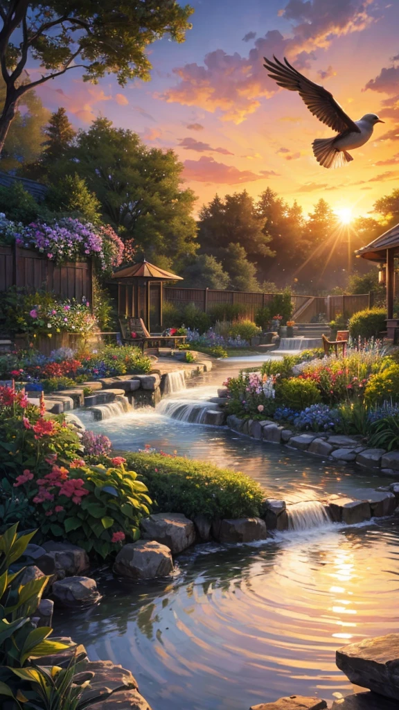 A garden with water flowing in it in a sunset , flying birds