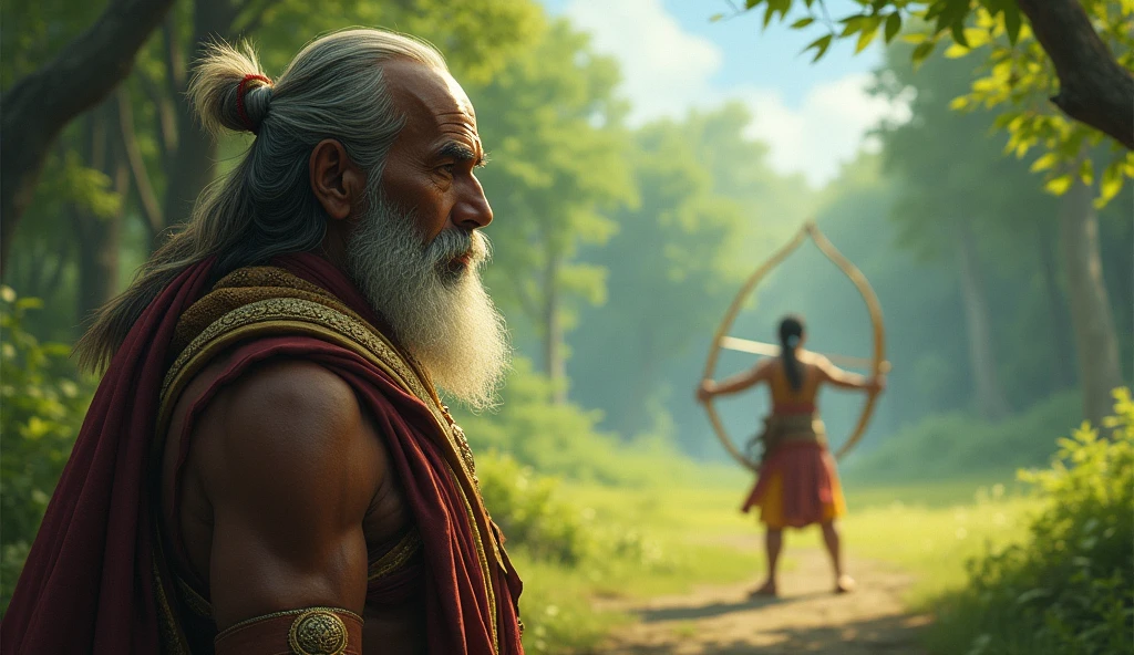 **Dronacharya watching Ekalavya from afar, with a conflicted expression of pride and sorrow.**