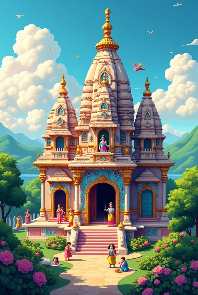a beautiful krishna temple in cartoon 