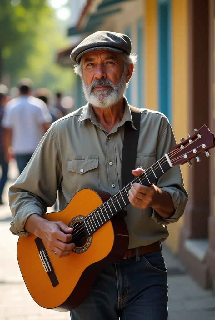 White man in his 60s with gray hair, not so long beard and a beret, with buttoned shirt, medium complexion walking with his Creole guitar