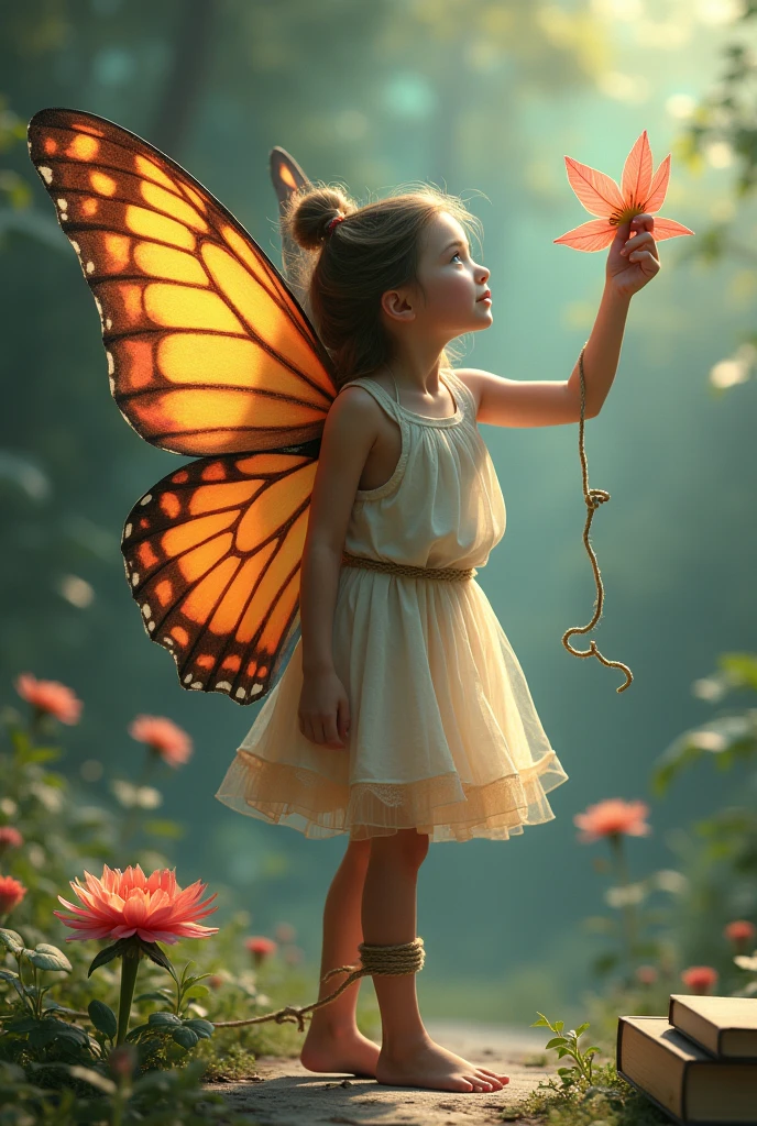 "Create an image of a girl with butterfly wings, yearning to fly high but restrained by a rope tied to her leg. The rope is connected to a hand that gestures 'go' and 'fly free,' yet the hand, which looks made of money, is holding onto the rope, preventing her from flying. The girl desires to land on a flower in front of her, with the flowers made from books, symbolizing knowledge and opportunity. The contrast between her vibrant wings and the restrictive rope should emphasize the struggle between aspiration and constraint."