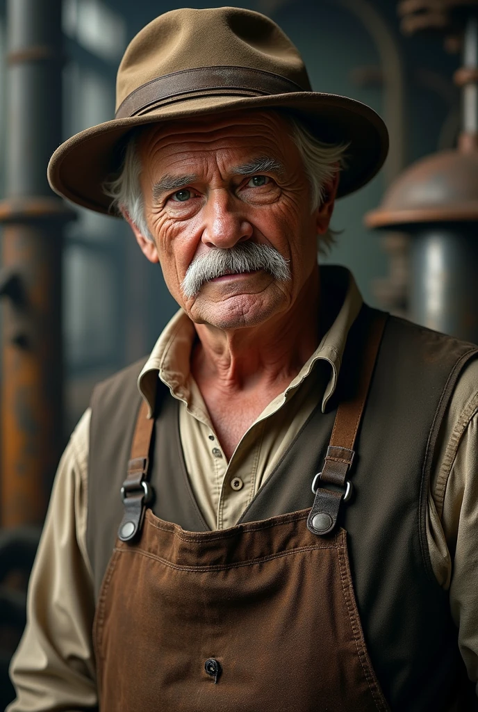 old man, macular, good looking, wearing dirty white Henley, brown cotton waist coat, dark brown jacket, blue jeans, worker style, white mustache, working hat, inside glass factory
