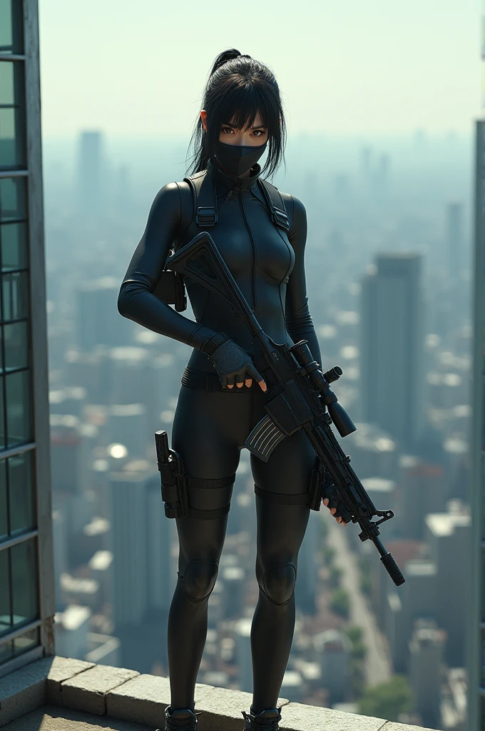 A Japanese female sniper wearing a cloth mask stands on the rooftop of a high-rise building.