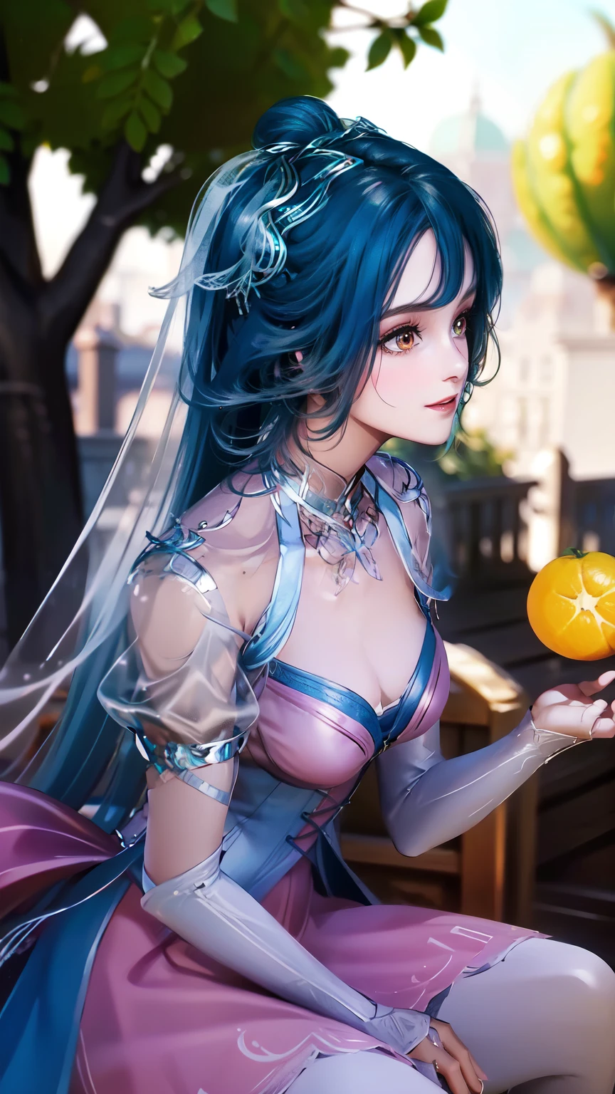 Style-SylvaMagic, award winning character concept art of a beautiful dryad sitting against a citrus tree, in a beautiful orange citrus grove, citrus fruit in trees, amazing body, smiling, happy, laughing, jubilant, light blue hair, golden horns, beautiful gossamer see through dress, blurry_background, breasts, smile, voluptuous, natural lighting, medium_breasts, lips, looking_at_viewer, solo, from above, highly detailed 8k character concept portrait studio lighting, sunlight, beautiful lighting,