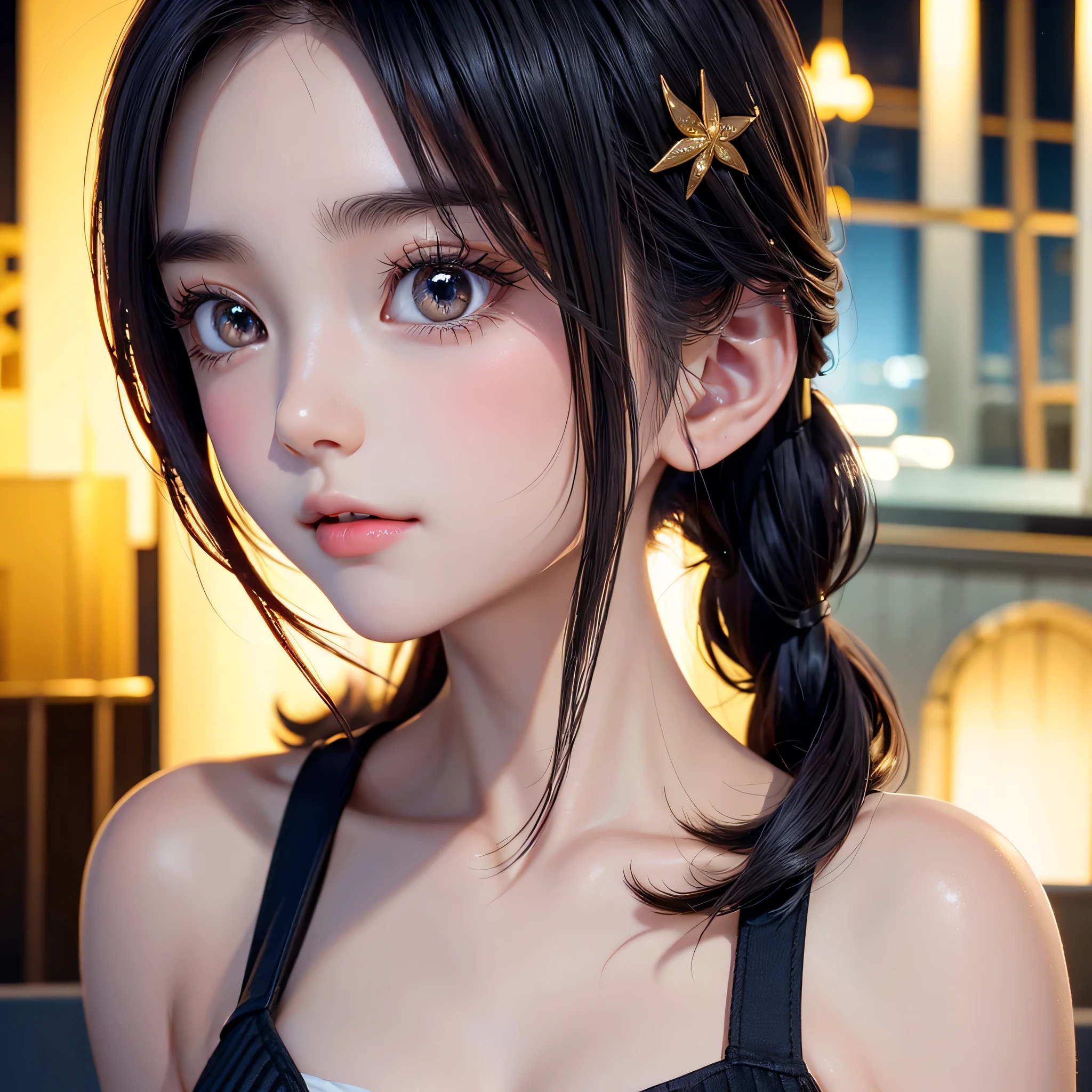 One Girl，(1人のとてもcute:1.3)，masterpiece，Highest quality，High resolution，Symmetrical，Straight，Photorealistic，RAW Photos，Ray Tracing，Physically Based Rendering，beautiful girl，(:1.3)，cute，Big eyes，(detailed pupils:1.2)，(The face is facing straight ahead:1.3)，Body facing forward，Beautiful nose，High nose，Upturned nose，Fuller lips，Short black hair，ponytail，short hair，Detailed eyelashes，Thin eyebrows，Very fine grain definition，(Symmetrical eyes，Golden Ratio:1.3)，(Face close-up，Face Focus:1.0)，Small breasts，Slim figure，Short neck，White swimsuit，White Bikini，Ocean，Southern Island，Blue sky，White cloud，Portrait，View Viewer，Upper Body，Cinema Lighting，High resolution，Very detailed