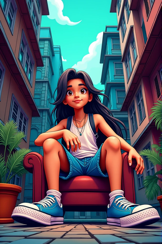4D Indonesian cartoon with long hair,wearing a singlet and sneakers,sit on the chair,High Contrast Building Background,
Bk Datail Focus