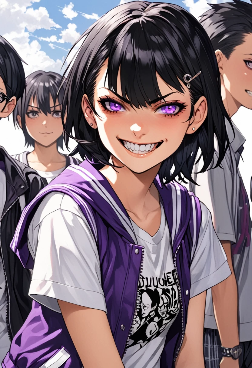 Teenager, girl, short black hair, purple eyes, delinquent clothing, high school, sadistic smirk