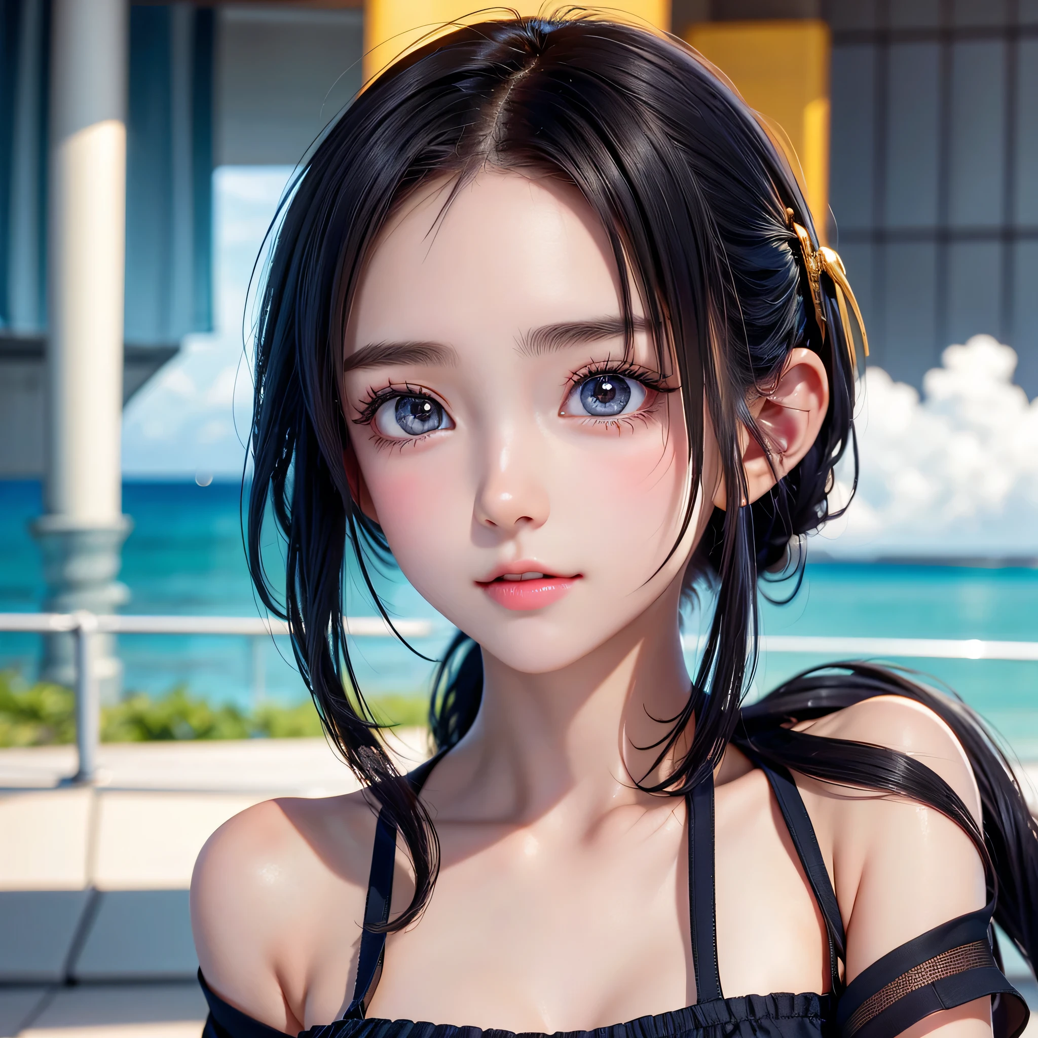 {top quality, masterpiece}, (Realistic: 1.3), wallpapers, BREAK {{{FF7,Tifa_lockhart,solo}}},{{{erotic ,sexy}}},Floating on water, lying, go into the pool, Ultra-detailed face, Detailed eyes, Red eyes, BREAK (((FF7,Tifa_lockhart))),{black brown hair, Large breasts}, BREAK ,{{Marina Bay Sands, Infinity pool, Infinity edge pool, background}},{{pool, pool side, neon light, square shape, night, night pool}},{{{wearing a green Striped-bikini:1.3}}},{no bra, no panties, Small and beautiful hard nipple}, About 18 years old, kawaii, {{{erotic eyes, erotic mouth, erotic face}}}, aroused:1.2, {open mouth:1.1}, (wet body:1.3) ,