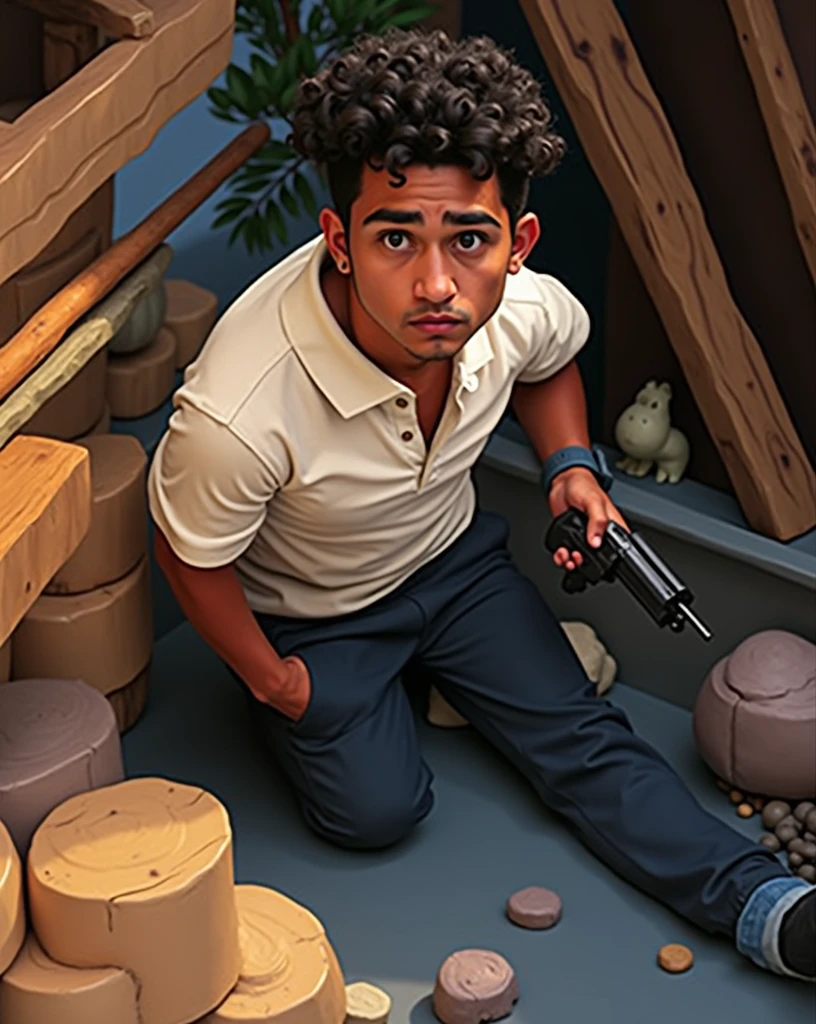 Renato Garcia, the brazilian youtuber, is portrayed with details faithful to the real person ,while he holds a pistol. The image is captured in high resolution, showcasing the mesmerizing beauty and intricate features of the scenery . he is 2, with a scared face