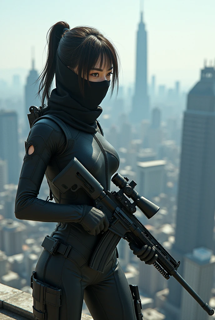 A Japanese female sniper wearing a cloth mask stands on the rooftop of a high-rise building.