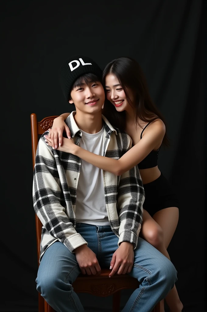 Featuring full HD high resolution images, A handsome Korean man sits on a carved chair smiling at the camera, the man was wearing a white flannel shirt with an open black pattern, white t-shirt, blue jeans and wearing a black beanie hat with the letters DL written on it, seen behind the man is a beautiful woman wearing a sexy short dress with one strap, The woman is seen hugging the man while wrapping her arms around his neck while smiling., all black photography room background, realistic