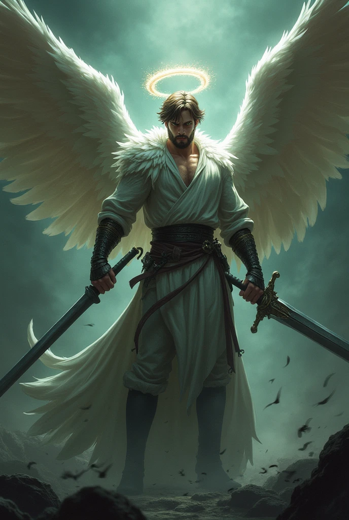 Wygeneruj złego anioła mającego w prawej ręce miecz.The man is tall,she has short brown hair,green eyes and delicate facial hair.He also has white wings and a halo..
