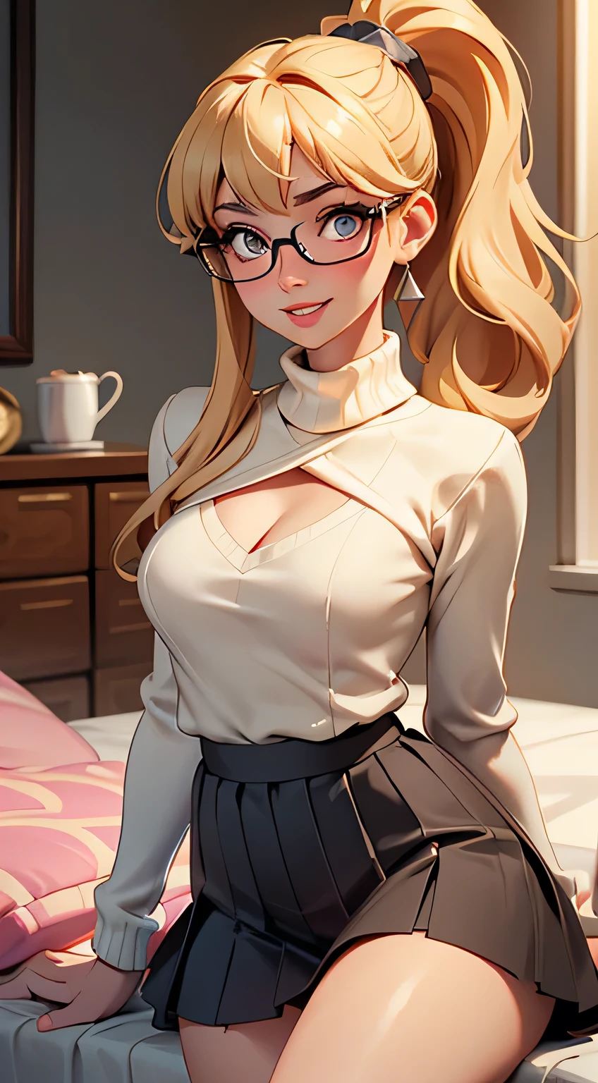 Amazing portait of a beautiful 22 year old woman with a detailed and beautiful face with perfect skin wearing glasses with a happy expression as she looks gorgeous and pure and beautiful with emphasis on her breasts having black eyes she's an extremely pretty and beautiful and sexy Japanese woman wearing lovely professional attire consisting of a detailed blue turtleneck sweater and beige pleats skirt with leather boots showcasing her cleavage with beautiful detailed skin with her blonde hair and her skirt showcasing her upper thigh with soft lighting as she's looking at the viewer with her drooping eyes and her straight teeth in a smile and her shiny-black thin short hair in a ponytail with bangs with her dark brown beautiful princess eyes emphasised by her glasses with some hair between her eyes she has a slender body with medium-breasts and a thin waist with parted red lips and full-make-up face in her bedroom