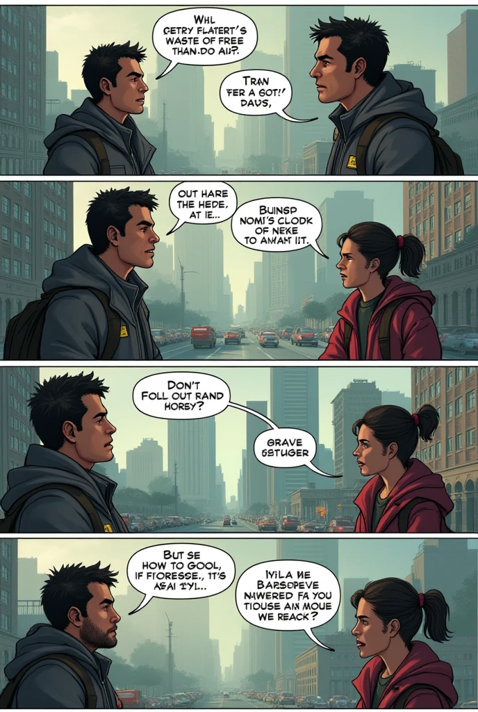 Draw a comic strip of a conversation between 4 people about a city with a lot of air pollution and how to deal with it.
