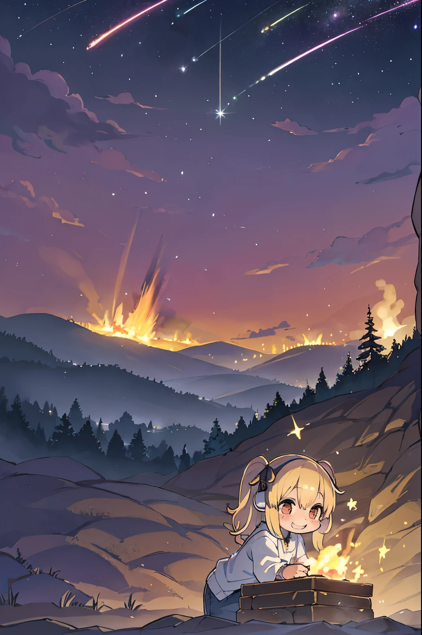 Tabletop, Highest quality, 1 person, alone, effect, Dark Background, With a happy face,Little、camp、Before the bonfire、Under the stars