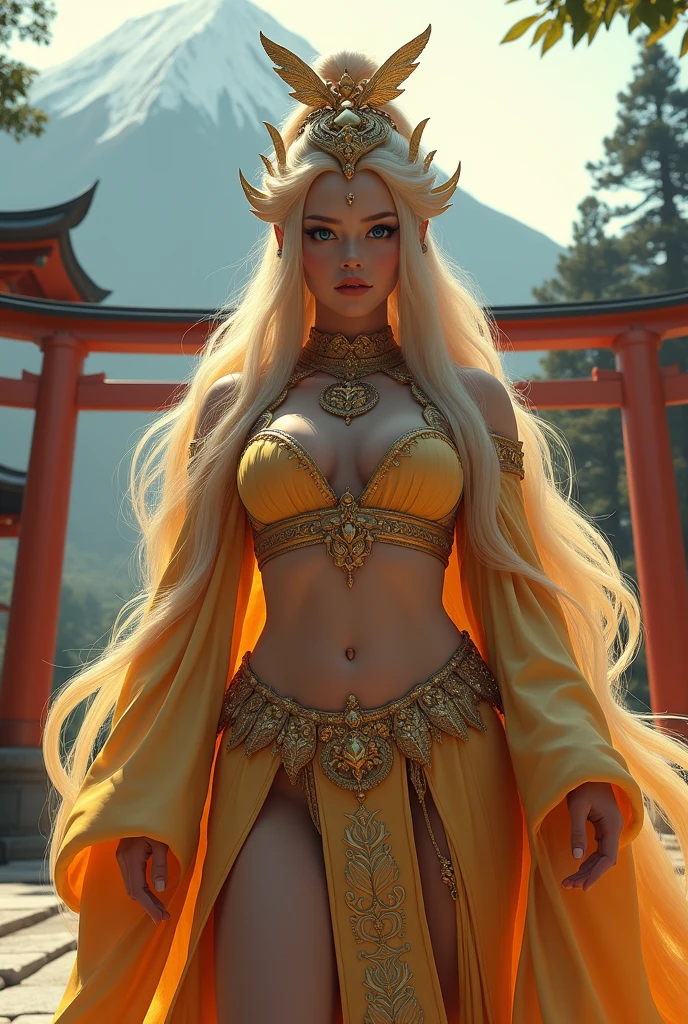 Large Breasts、Shrine maiden、and、Highest quality、masterpiece、Ultra-high resolution、With golden feathers,(Realistic:1.4)、1 person、whole body、Muscular and beautiful black hair、Glowing Skin、Exquisite and luxurious hair ornaments、goddess、beauty、（Mystical Expressions）、（whole bodyアングル）、（Japanese Shrines）(((Mysterious mountain))),、(torii)、((Ultra-Realistic Details))、Portraiture、Global Illumination、（sexy pose）、Shadow、Octane Rendering、（One-eyed scouter）、8k、Ultra Sharp、Huge 、Bare skin exポーズd in the cleavage、Metal、Intricate decorative details、Realistic Light、CGSoation Trend、blue eyes、Shining Eyes、To the camera、straight、（whole bodyアングル）、（Veil）、