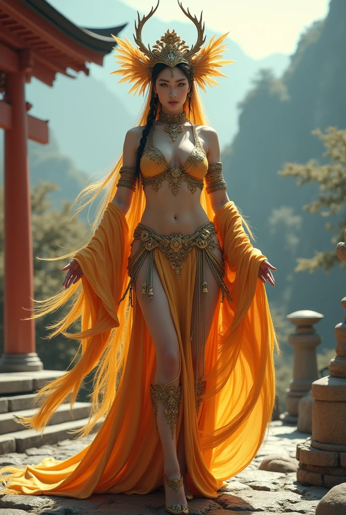 Large Breasts、Shrine maiden、and、Highest quality、masterpiece、Ultra-high resolution、With golden feathers,(Realistic:1.4)、1 person、whole body、Muscular and beautiful black hair、Glowing Skin、Exquisite and luxurious hair ornaments、goddess、beauty、(Mystical Expressions)、(whole bodyアングル)、(Japanese Shrines)(((Mysterious mountain))),、(torii)、((Ultra-Realistic Details))、Portraiture、Global Illumination、(sexy pose)、Shadow、Octane Rendering、(One-eyed scouter)、8k、Ultra Sharp、Huge 、Bare skin exポーズd in the cleavage、Metal、Intricate decorative details、Realistic Light、CGSoation Trend、blue eyes、Shining Eyes、To the camera、straight、(whole bodyアングル)、(Veil)、