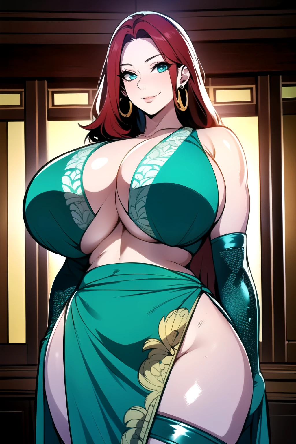 ultra realistic 8k cg, masterpiece, ((ultra detailed background,  intricate detail, highly detailed, fine details best quality, hyperdetailed face)), gigantic breasts ,beautiful lighting, absurdres, BoaHancockV2,  1girl, solo, (red hair : 1.3), long hair, jewelry, closed mouth, ), cleavage, (chinese dress : 1.1), (underboob : 1.4), elbow gloves, thigh boots, bare shoulders,, bare shoulders, curvy, midriff, curvy, thighs, shiny clothes), turquoise eyes, complex detailed background, indoor, palace), ((cowboy shot)), curvy, (gigantic breasts: 1.1), seductive smile, cowboy shot, earrings, jewelry