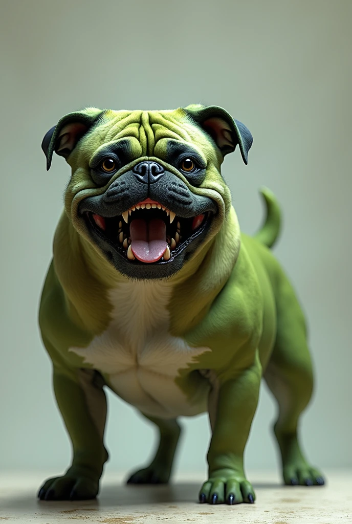 A pug mixed with a pitbull, strong and brave showing his teeth with greenish fur