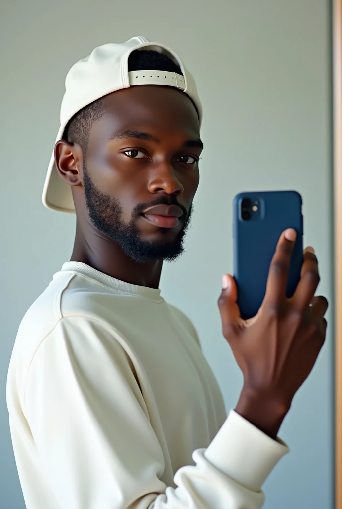 best qualityer:1.4), (ultra high resolution:1.2), (photorrealistic:1.4), (8k, CRU photo:1.2), a thin young man of 20 years old, skin black, with a smooth, beardless face, is wearing a white cap, He's wearing a white sweatshirt. He&#39;s taking a picture in the mirror. He has an iPhone with a blue case