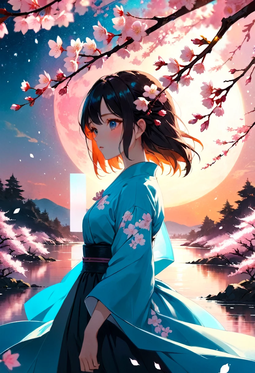 1girl, The Sakura Maiden, aesthetic, Incredible, detailed fluid gouache illustration of an enchanting, glowing sakura garden at sunset by renowned artists including Jeremy Mann and Winslow Homer. Features sharp focus, vivid colors, fireflies and a hyperrealistic galaxy. Concept art with 8k resolution.