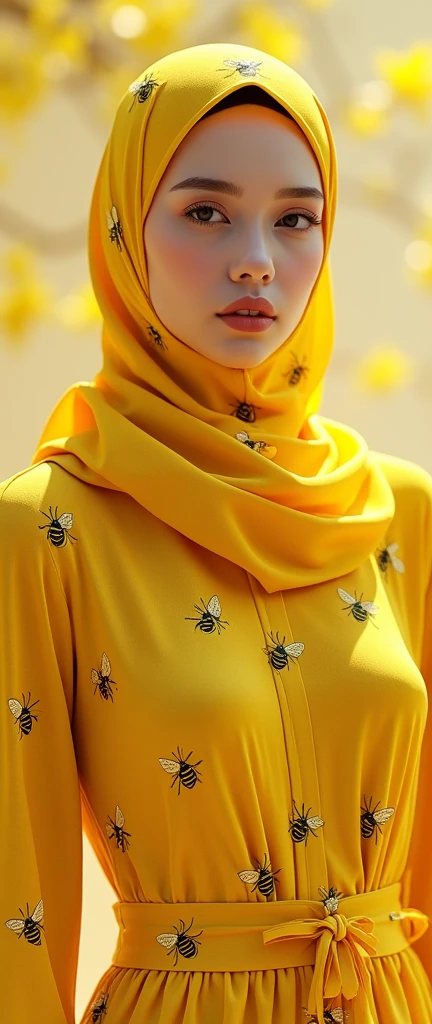 a beautiful and thin malaysian asian muslim adult girl with a shiny and beautiful face wears yellow bee lycra turtleneck unitard catsuit covered with stripes  and always wear bee lycra dancewear hijab covered with stripes.