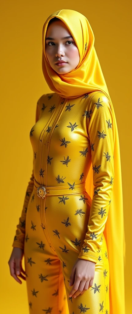 a beautiful and thin malaysian asian muslim adult girl with a shiny and beautiful face wears yellow bee lycra turtleneck unitard catsuit covered with stripes  and always wear bee lycra dancewear hijab covered with stripes.