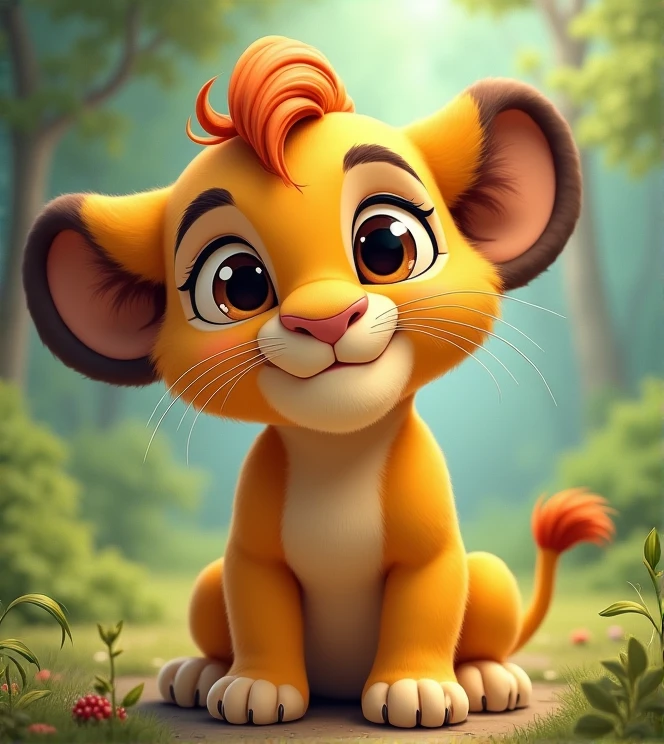 Imagine a lifelike lion  with humorous exaggerated features, oversized, wearing cute clothes, bright eyes and curiosity, smiling, positive image, smiling piglet, Disney style, capturing natural textures, and although its little claws are slightly larger, they are cuter. The background is a simple forest with an emphasis on natural colors and some greenery, creating bright colors with long sideburns