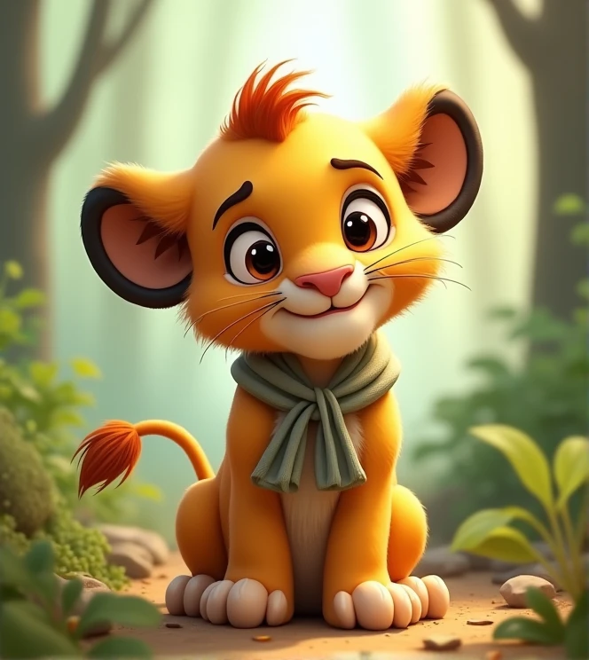 Imagine a lifelike lion baby with humorous exaggerated features, oversized, wearing cute clothes, bright eyes and curiosity, smiling, positive image, smiling piglet, Disney style, capturing natural textures, and although its little claws are slightly larger, they are cuter. The background is a simple forest with an emphasis on natural colors and some greenery, creating bright colors with long sideburns