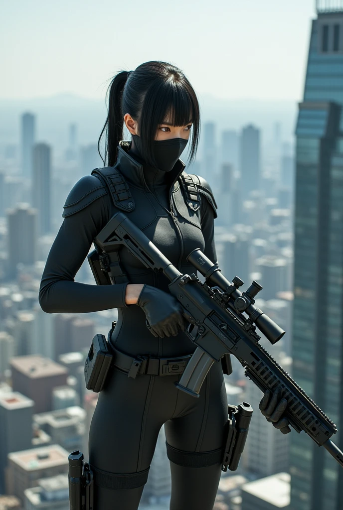 A Japanese female sniper wearing a cloth mask stands on the rooftop of a high-rise building.