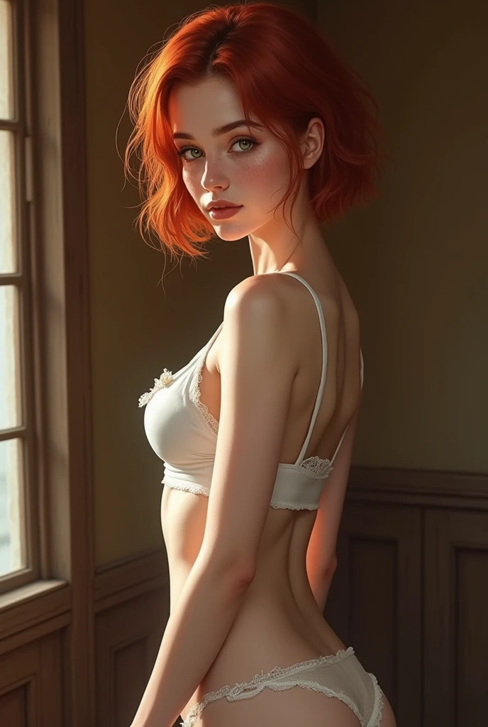 beautiful girl with short red hair, detailed green eyes, freckles, barefoot, wearing white lingerie on a wooden room, her skin is incredibly detailed with skin pores all over her body