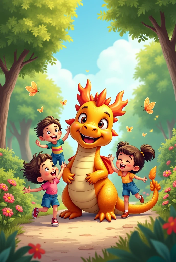 Generate a cartoon image of 4 year old kids playing with dragon in park joyfully