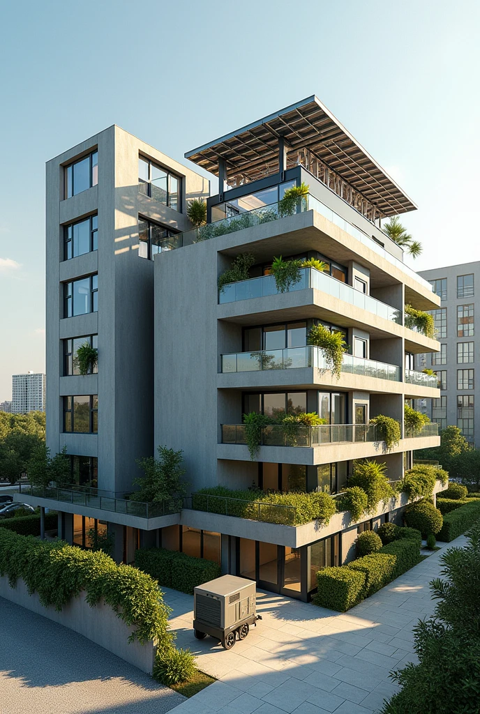 Create a concrete an apartment house with solar panel, generator and big drum to save rain water
