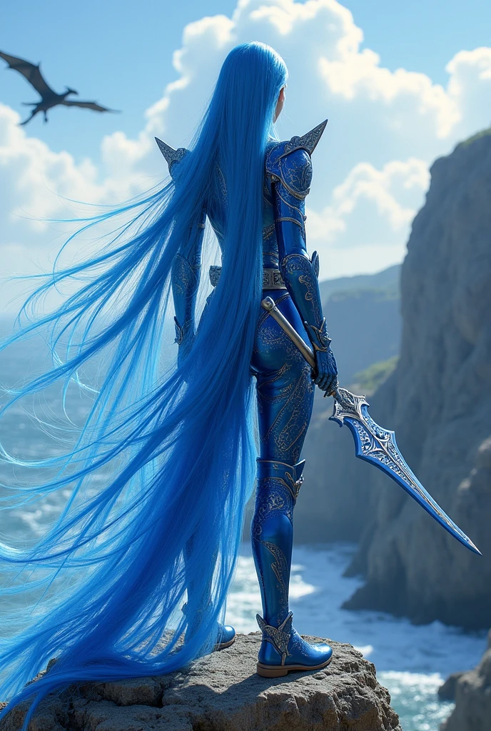 Long blue hair that shines beautifully in the sunlight、Blue mechanical armor with white engravings、Big Sword、On top of cliffs by the sea、Entrance clouds in the sky、A big dragon flies in the sky、