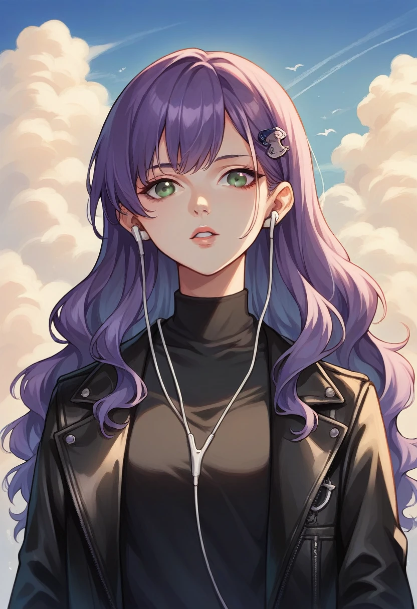 1girl, bangs, black jacket, black shirt, cloud, cloudy sky, day, earbuds, earphones, grey eyes, hair ornament, jacket, leather, leather jacket, lips, long hair, looking at viewer, nose, open clothes, open jacket, outdoors, parted lips, purple hair, shirt, sky, solo, teeth, upper body, wavy hair