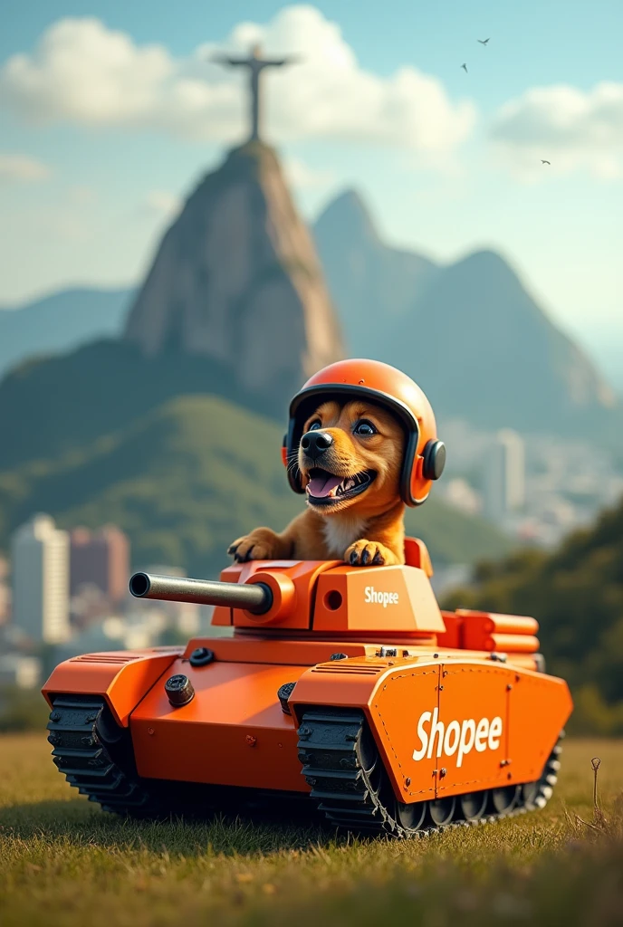 caramel dog with orange helmet happy to have won a war inside an orange war tank with shopee written on it in the background of Rio de Janeiro, Christ the Redeemer on the hill in a landscape format
