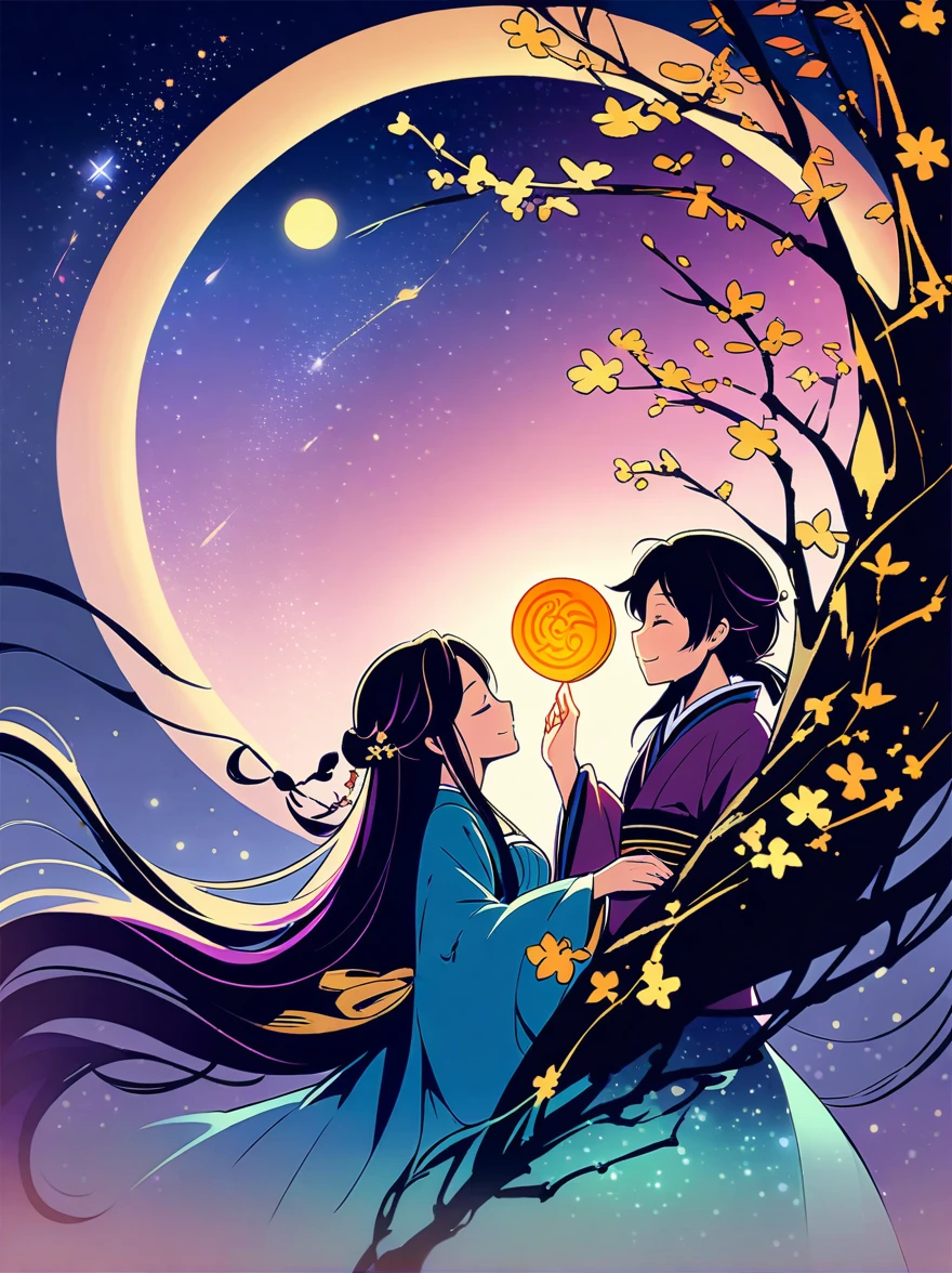 Romantic ancient style，night，Backlight，(Mid-Autumn Festival:1.5)，An elegant couple in ancient China，Dressed in gorgeous Hanfu，Purple floats like clouds in the moonlight，Sitting on a laurel tree full of stars，Smiling and holding hands，Starry Sky，Macro lens，moon cake，osmanthus tree，半个moon cake流心，The moon hangs in the sky，Osmanthus scattered on the desktop，The background is a night view of the starry sky，They are surrounded by colorful flowers。This is a fantasy scene style，Flowing，There is a full moon behind it，Fresh colors，Soft colors，Diode lamp，Concept art style，Extremely complex details，Clear distinction between light and dark，Structured，Ultra HD,