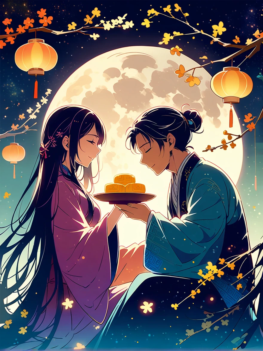 Romantic ancient style，night，Backlight，(Mid-Autumn Festival:1.5)，An elegant couple in ancient China，Dressed in gorgeous Hanfu，Purple floats like clouds in the moonlight，Sitting on a laurel tree full of stars，Smiling and holding hands，Starry Sky，Macro lens，moon cake，osmanthus tree，半个moon cake流心，The moon hangs in the sky，Osmanthus scattered on the desktop，The background is a night view of the starry sky，They are surrounded by colorful flowers。This is a fantasy scene style，Flowing，There is a full moon behind it，Fresh colors，Soft colors，Diode lamp，Concept art style，Extremely complex details，Clear distinction between light and dark，Structured，Ultra HD,