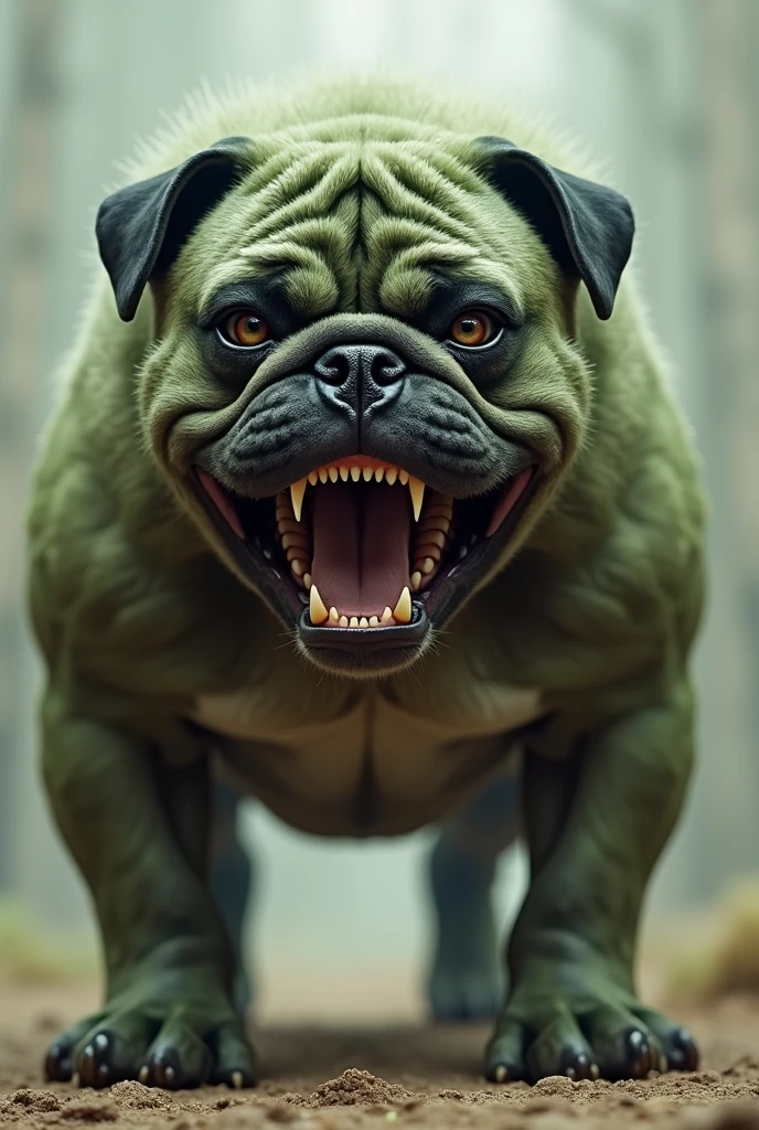 A pug mixed with a pitbull, strong and very brave showing his teeth with greenish fur