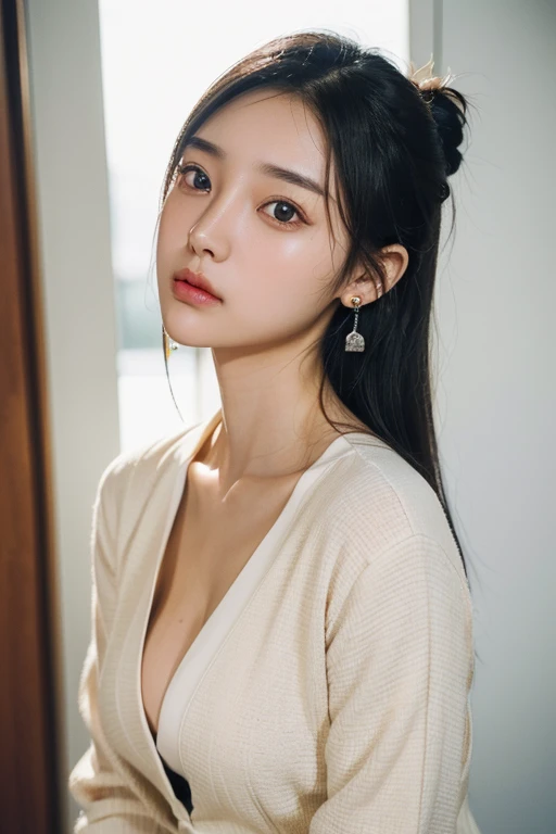(22 year old Japanese beautiful girl,), (Small perfect breasts,:1.5,),(solo,Textured skin, Detailed skin,Detailed face,Detailed eyes,detailed posing,Natural eyebrows,High detail, Highest quality, Super detailed, Surrealism, ,8k,RAW Photos,Photographicism,Professional Lighting,Ray Tracing,Aperture F1.2,Portrait Photography,Natural Light),(((Black Hair, Natural Makeup,Simple earrings,Side Up, Chaoyang,A refreshing morning,Office lady suit)))